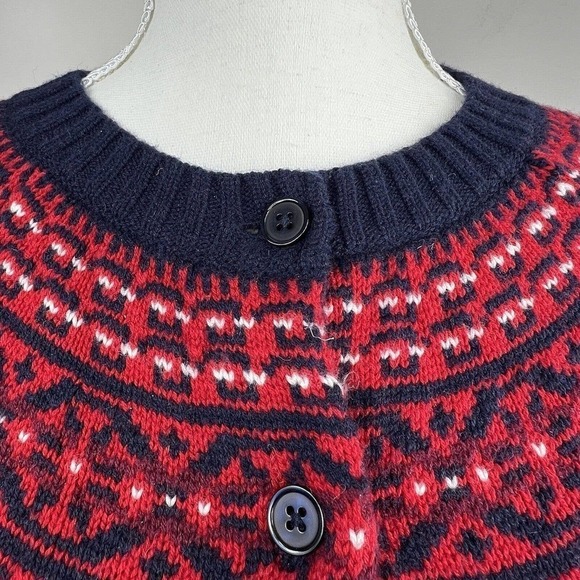 Talbots Navy Blue Red Wool Fair Isle Button Front Cardigan MP M Petite - Picture 3 of 12